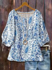 Linhara Camisa de manga corta holgada con estampado floral diminuto, estilo suave y retro - Celeste - Ver 1