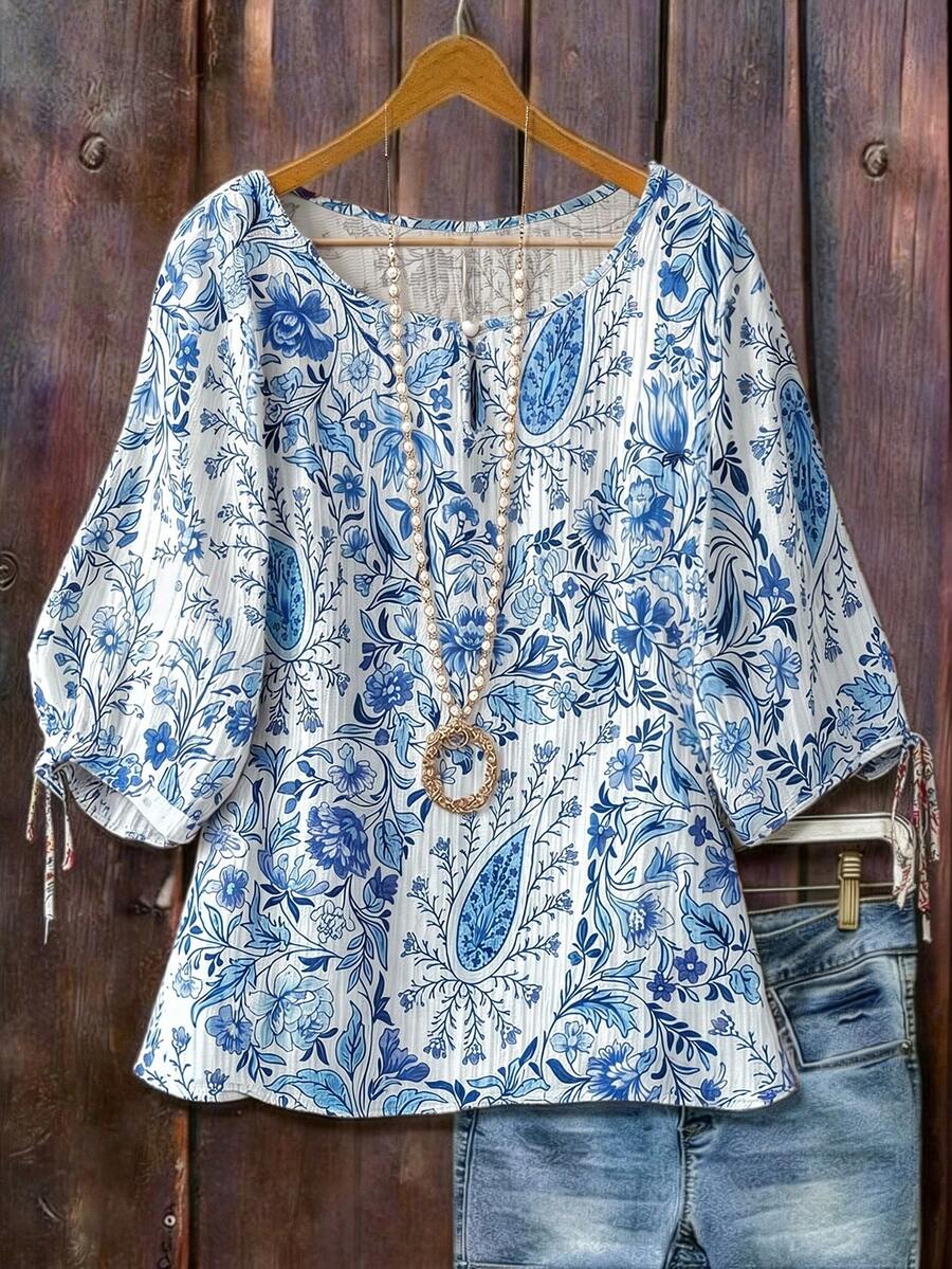 Linhara Camisa de manga corta holgada con estampado floral diminuto, estilo suave y retro - Celeste - Ver 1