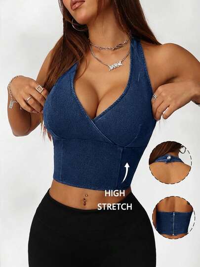SHEIN ICON بلوزة جينز أزرق مطاطية ضيقة الملائمة بياقة حلقة للنساء