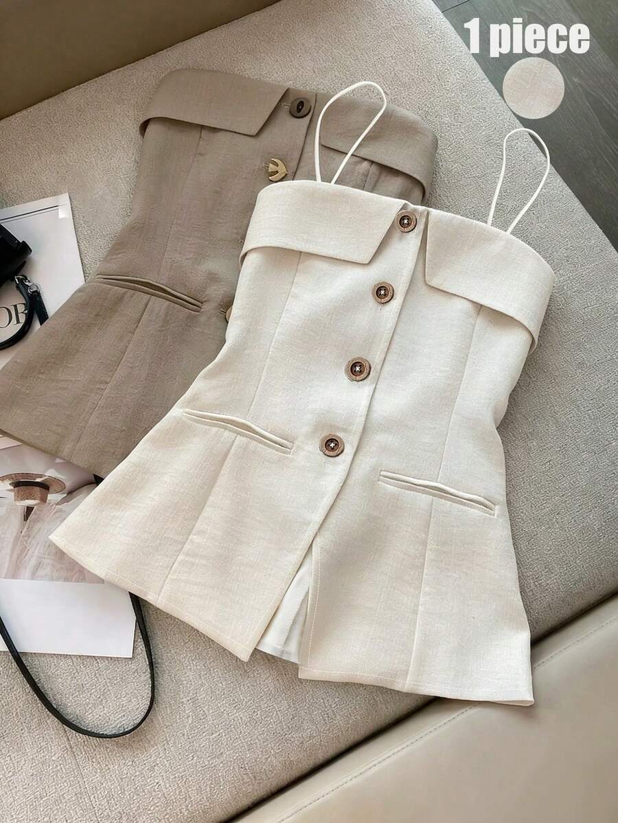SHEIN Franclia 女款白色夏季優雅修身細肩帶上衣,配木製鈕扣,適合早午餐派對、休閒度假海灘穿搭、辦公上班服裝 - 杏色 - 查看 1