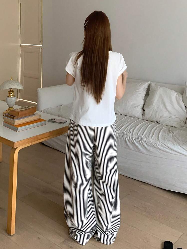 2pcs/Set Women's Graphic Short Sleeve T-Shirt And Striped Straight Leg Long Pajama Pants Sleepwear Set, Summer