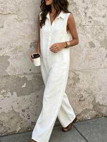 SHEIN Holidaya Europäisch-amerikanischer Mode Kragen Dekorknopf Design ärmellose locker sitzende lässig Damen Jumpsuit, Damen Frühlings- und Sommer Jumpsuit, ärmellose Bluse, Frühlings-Kleidung, Sommer-Outfit, Urlaub, Ausflug, Y2K, Frühling, Sommer, Schulanfang, lässig, Strand, Business, vielseitig, sexy, Damen Weiß Jumpsuit - Beige - Übersicht 6