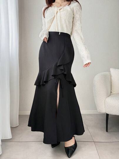 FRIFUL Women's Solid Color Ruffle Hem Slit Hem Elegant A-Line Skirt