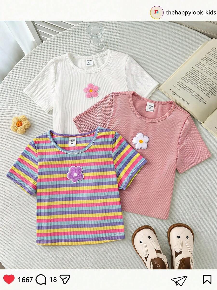 Emery Rose Kids Set de 3 camisetas casuales de niña con cuello redondo de unicolor, rayas y flores 3D tejidas - Multicolor - Ver 1