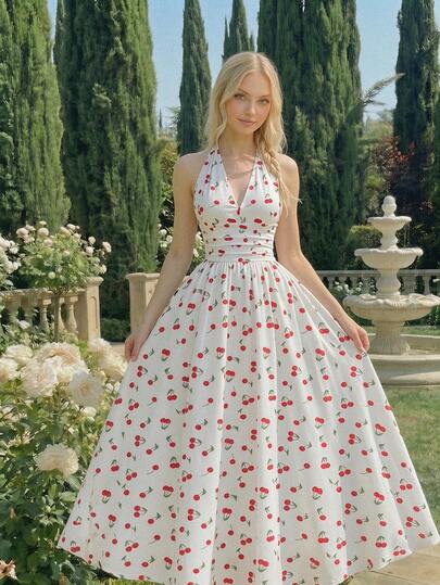 SHEIN MOD Đầm nữ kiểu dáng vintage gợi cảm, họa tiết quả anh đào, hở lưng, thắt eo, thích hợp cho kỳ nghỉ hè.
