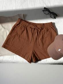 SHEIN EZwear Coffee Brown Woven Sporty Shorts For Women - Coffee Brown - View 6