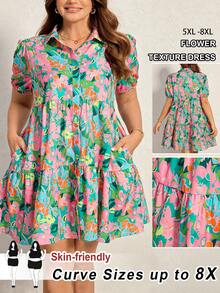 SHEIN CURVE+ Curve 尺码 US22 音乐节、海滨度假、波西米亚风女式花卉豹纹短款泡泡袖单排扣时尚衬衫裙 - 彩色 - 查看 7