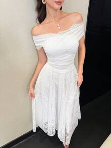 Modelyn 白色网纱撞色蕾丝边交叉领荷叶边优雅性感透视夏季T恤 - 白色 - 查看 6