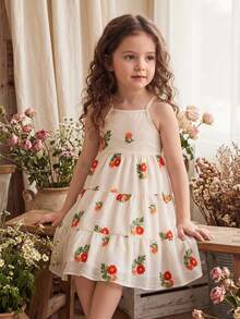 SHEIN Vintaside Kids 这款杏色热带花卉图案吊带连衣裙，后腰处饰有蝴蝶结，裙摆呈喇叭形，是夏季时尚休闲海滩度假的理想之选。 - 杏色 - 查看 5