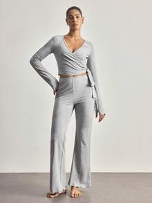 Ocili 100% Cotton Tie-Side Sleepwear Set, Women Comfortable Minimalist Solid Color Long Sleeve Top And Pants Pajamas - Grey - View 5