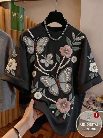 EMERY ROSE Camiseta casual de mujer talla grande, diseño de bordado falso, camiseta con estampado gráfico de perlas falsas, camiseta suelta de cuello redondo
