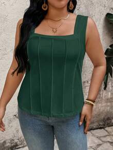 EMERY ROSE Plus Size Square Neck Tank Top, Vertical Pleats Design Flatters Figure, Loose Comfortable Fit, Friendly Shoulder Straps Dark Green Summer Casual - Dark Green - View 5