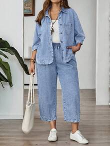 EMERY ROSE EMERY ROSE Plus Size Simple Casual Turn-Down Collar Denim Top Suitable For Daily Wear - Light Wash - View 4