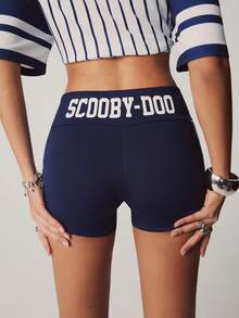 SCOOBY-DOO X SHEIN Women's Elastic Waist Casual Shorts - Navy Blue - View 4