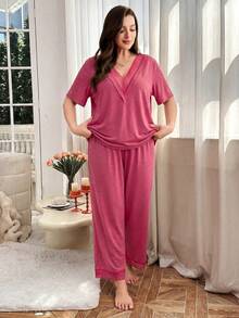 Softscene Plus Size Lace Trim Deep V Sleepwear Set - Hot Pink - View 3