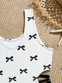 SHEIN Tween Girl Cute Casual Bow Print Cutout One-Piece Swimsuit, Suitable For Swimming, Beach, Pool, Summer Party - Multicolor - View 4