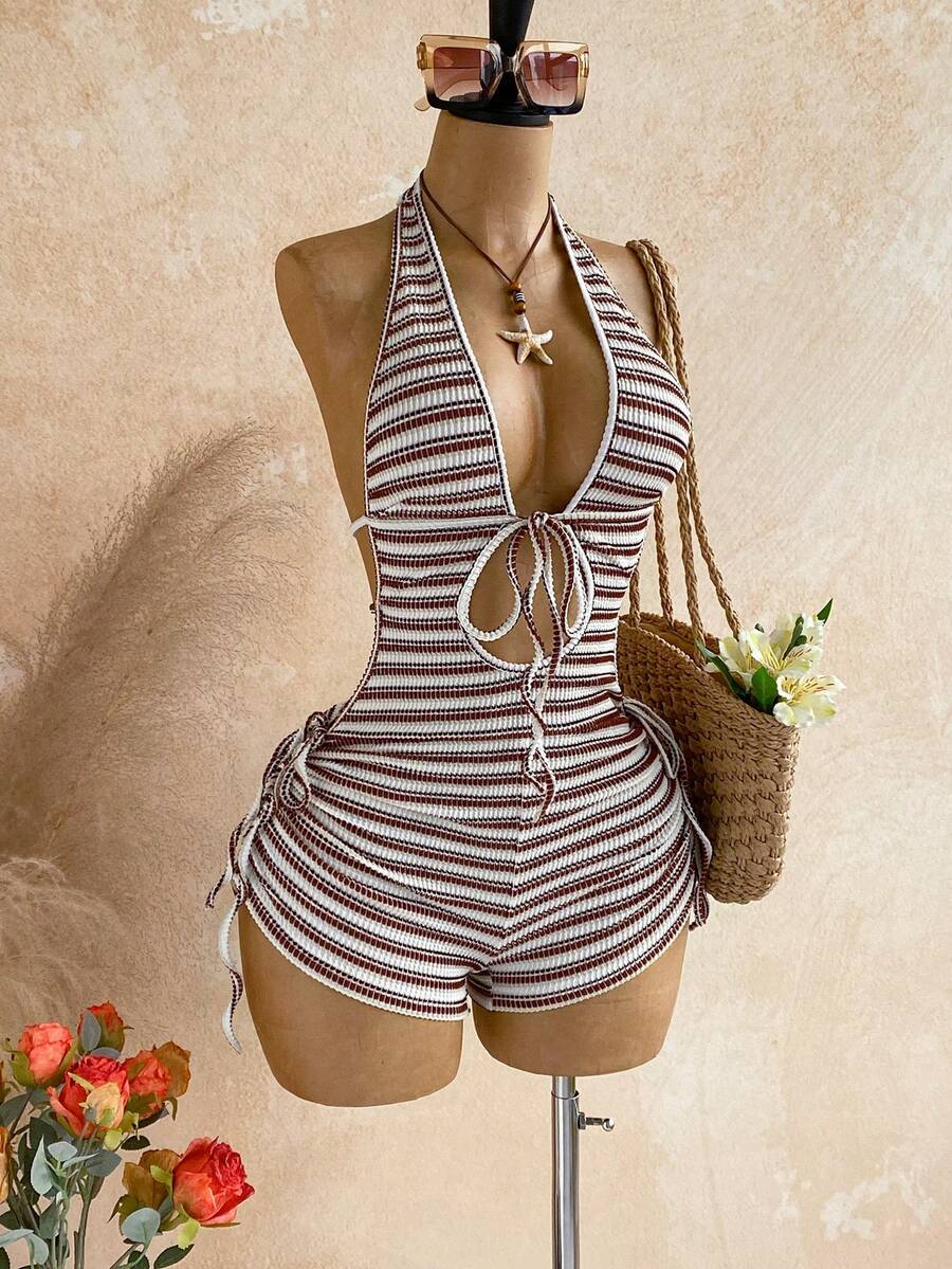 Soleia White And Brown Knit Textured Hollow Out Drawstring Jumpsuit,Summer Boho Beach Vacation Holiday Holiday, Floral Bohemian For Party - Multicolor - View 1