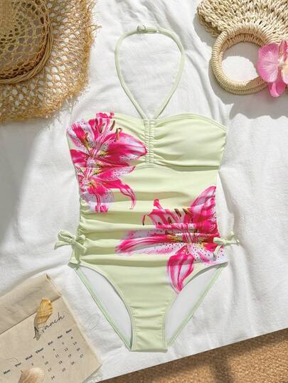 SHEIN 2pcs Girls' Tropical Floral Elastic Quick-Dry Comfortable Knit Fabric Tween Girl) One-Piece Swimsuit, Suitable For Beach, Pool, Seaside, Surfing, Vacation, Summer Travel