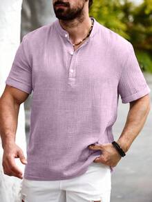 Manfinity Homme Áo sơ mi nam Manfinity Nomadique chất liệu cotton-linen, kiểu dáng thường ngày, cổ Hengli, thích hợp cho mùa hè. - Màu tím hoa cà - Xem 4