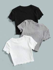 SHEIN Set de 3 camisetas de manga corta con volantes acanalados de color sólido para niñas preadolescentes, talla grande - Gris - Ver 2
