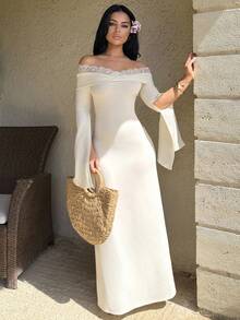 Vassilux Apricot Color Knitted Off-Shoulder Long Dress For Women Women's Dress Long Dress Valentine's Day Dresses For Women Elegant Dress Women Valentine Outfits For Women Elegant Dresses For Party Elegant Dresses For Ladies - Apricot - View 2