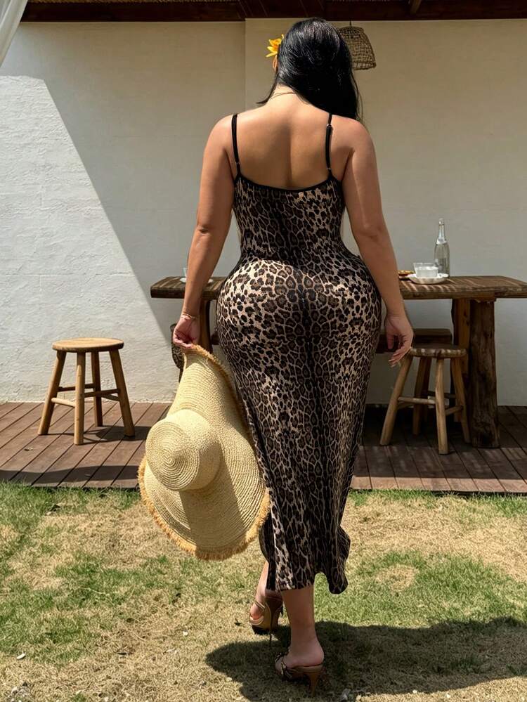 Dazy Plus Contrast Color Block Ombre Leopard Print Wrap Dress, Sexy Street Style Maxi Dress, Vacation Vibe, Plus Size Women Spring/Summer