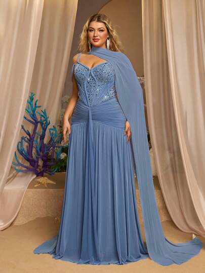 Glamrae Plus Size Elegant, Romantic, Fashionable Gray-Blue Elastic Mesh Fabric Sequin Patchwork, Fish Bone Shaping, Halter Flounce, Fish Tail Hem, Trailing, Fashionable, Internet Celebrity, Holiday, Vacation, Birthday Party, Wedding Event, Formal Evening Gown