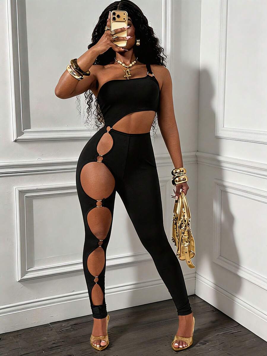 Glyssa Women's Black Bodycon Jumpsuit,Metallic-Decorated Open-Back Lace-Trimmed Sultry Summer Outfit,Everyday Wear Night Out Birthday Party Rave Disco Sexy - Black - View 1