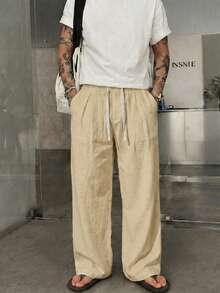 STEELVANCE Men's Solid Color Pocket Drawstring Beach Vacation Casual Pants, Holiday - Khaki - View 3