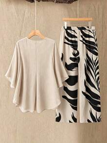 SHEIN LUNE CURVE 2pcs/Set Plus Size Women Chiffon Batwing Sleeve Set Fall - Apricot - View 2