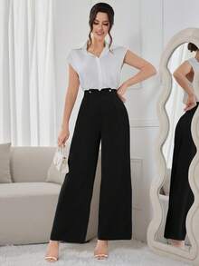 Modelyn Women's Solid Color High Waist Button Design Wide Leg Loose Pants - Black - View 6