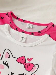 Genkimix Kids 2件套 女童可爱卡通绵羊印花休闲短袖长款睡衣家居服套装，粉色和灰色 - 彩色 - 查看 6