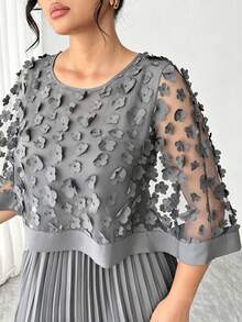 Elenzga Plus Size Women Elegant 3D Floral Mesh Pleated Dress - Grey - View 5