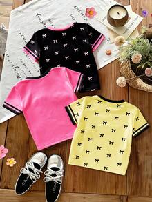 3pcs/Set Girls Toddler Digital Print Short Sleeve Round Neck T-Shirts, Spring/Summer - Multicolor - View 2