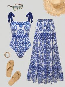 Swim Oasis 26SS 春夏度假沙滩波西米亚风绿色碎花连体泳衣及半裙套装 - 彩色 - 查看 3