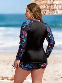 Swim Lushoire Conjunto de 2 piezas para mujer talla grande 2026, estampado de hojas fucsia aleatorio, shorts informales sueltos de cintura alta con cordón y traje de baño de manga larga y cuello redondo - Negro - Ver 2