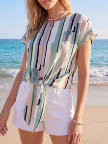 SHEIN LUNE Knot Hem Striped Top - Multicolor - View 6