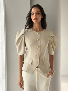 Aloruh Áo blazer tay phồng trang trí kim loại dành cho nữ mùa xuân/hè - Màu Khaki - Xem 3