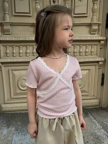 DAZY Áo croptop ôm sát cổ chữ V có viền bèo nhún, áo thun dễ thương cho bé gái (size nhỏ). - Hồng - Xem 4