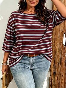 EMERY ROSE Plus Size Women Casual Striped Print Drop Shoulder T-Shirt, Suitable For Summer - Multicolor - View 5