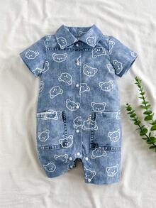 SHEIN Vintaside Kids 男婴卡通熊印花短袖休闲连体衣 - 藍色 - View 3