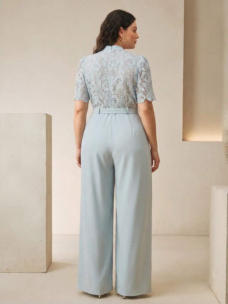 Anewsta New Fashion Water-Soluble Lace Patchwork Rhinestone Decor Waist Belt Wide Leg Jumpsuit, Elegant Casual Plus Size Women