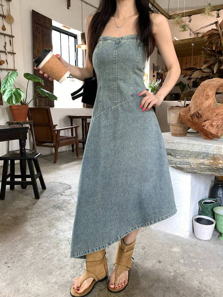 Women's Casual Washed Denim Tube Dress For Summer