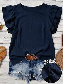 SHEIN LUNE Women's Solid Color Round Neck Casual Versatile Daily Wear Shirt,Summer Top - Navy Blue - View 1