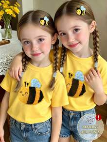 Elladie kids 女童休闲时尚创意个性清新简约可爱卡通蜜蜂花卉爱心图案字母标语印花基础款黄色短袖T恤，舒适日常穿着，适合春、夏、秋季穿着。 - 黃色 - 查看 3