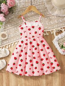 Girls' Strawberry & Bow Print Casual Dress, Suitable For Spring And Summer - Multicolor - View 2
