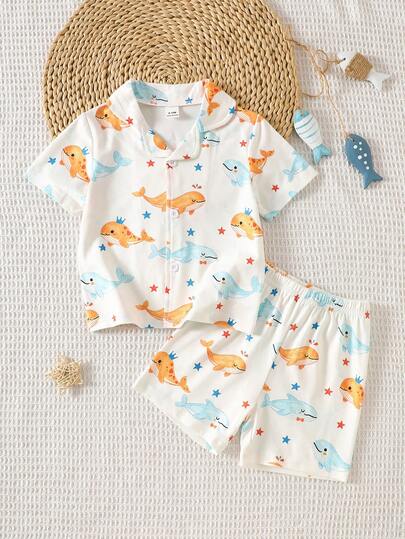 2pcs Baby Boy Cartoon Whale Print Short Sleeve T-Shirt And Shorts Set, Casual And Cute Children Pajamas