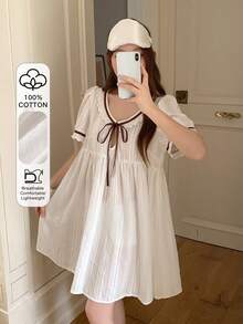 Livesso Áo ngủ nữ tay ngắn dáng rộng buộc dây phía trước - trắng - Xem 6