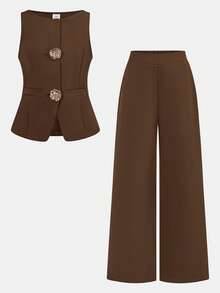 Firerie Kids 2pcs/Set Tween Girls' Casual Commuting Fashion Wine Red Button Decor Vest Top And Leggings Set - Brown - View 6