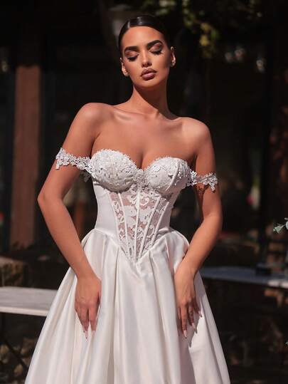Glamrae Elegant White Glossy Off-Shoulder Front Panel Spliced Romantic Pearl Lace Sheer Fishbone Trim Super Flared A-Line Skirt (Side Real Pockets), Suitable For All Wedding Events, Bridal Gown